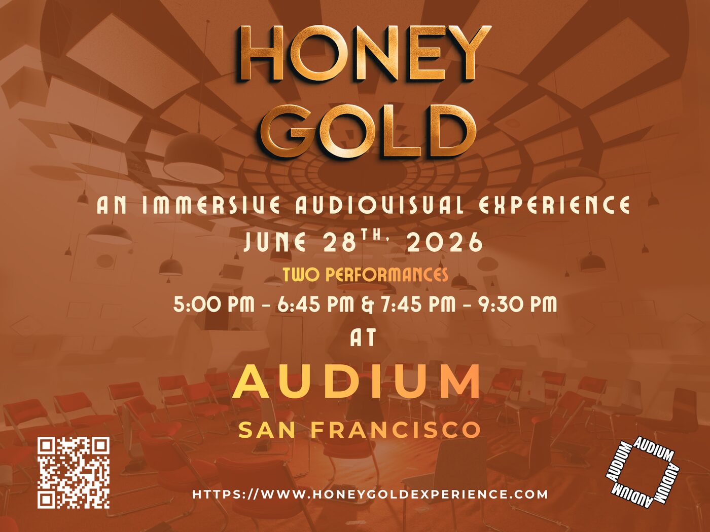 Flyer for Honey Gold at Audium, San Francisco, June 28, 2026, two performances