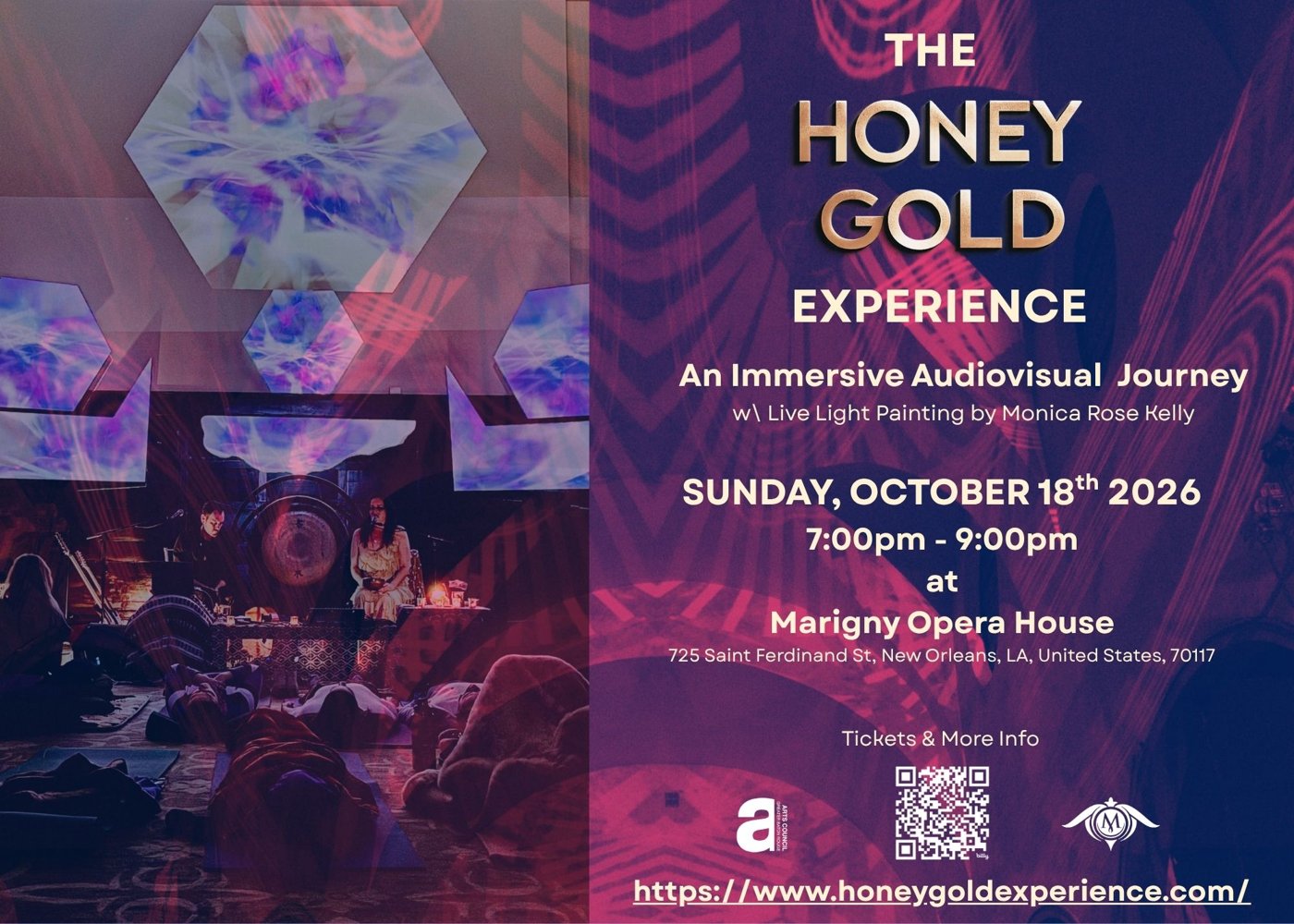 Flyer for The Honey Gold Experience at the Marigny Opera House, Sunday, October 18, 2026