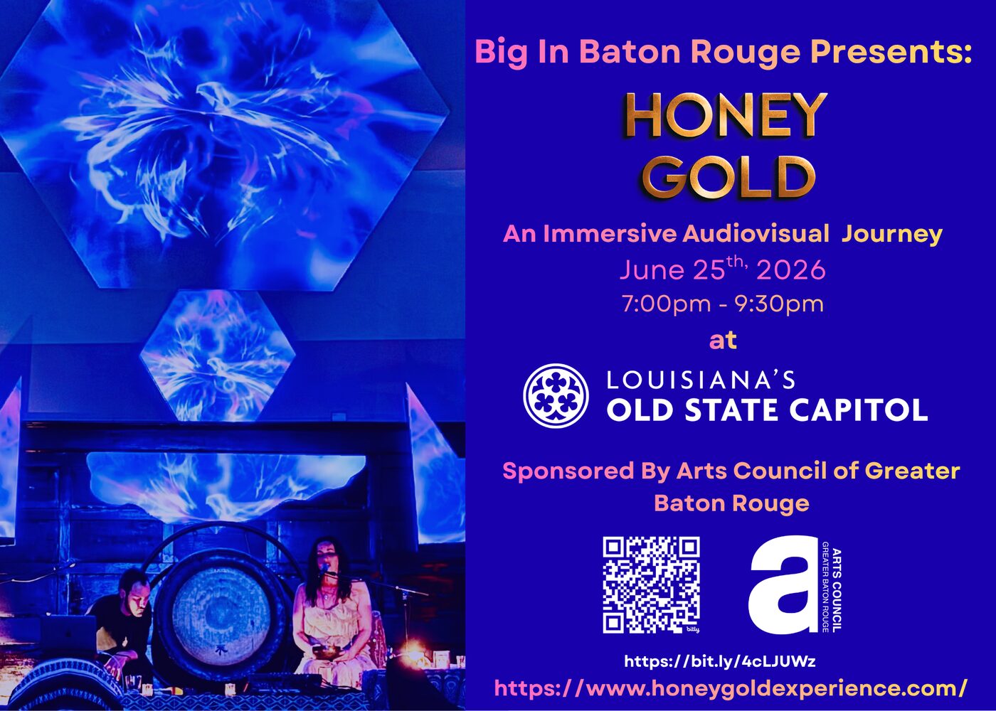 Flyer for Honey Gold, An Immersive Audiovisual Journey, June 25, 2026, at Louisiana's Old State Capitol
