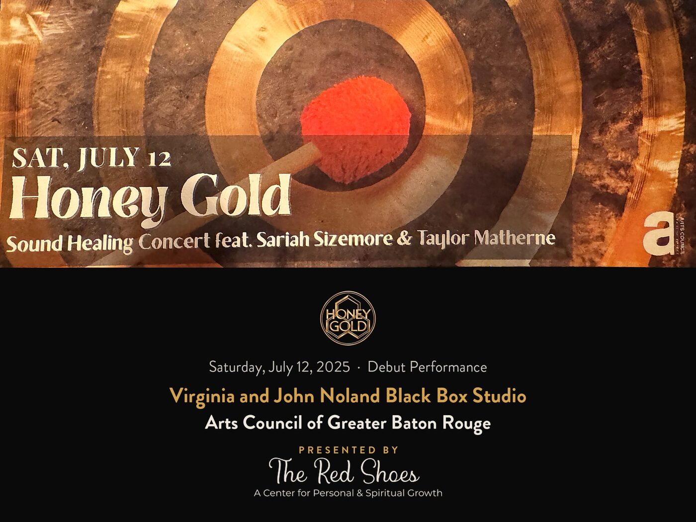 Flyer for the Honey Gold debut sound healing concert, Saturday, July 12, 2025, at the Virginia and John Noland Black Box Studio