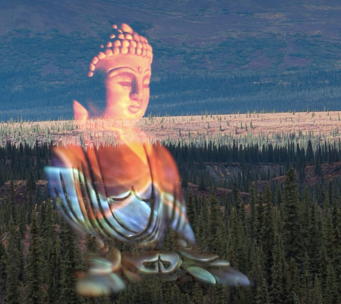 A glowing Buddha figure projected over a forested mountain landscape