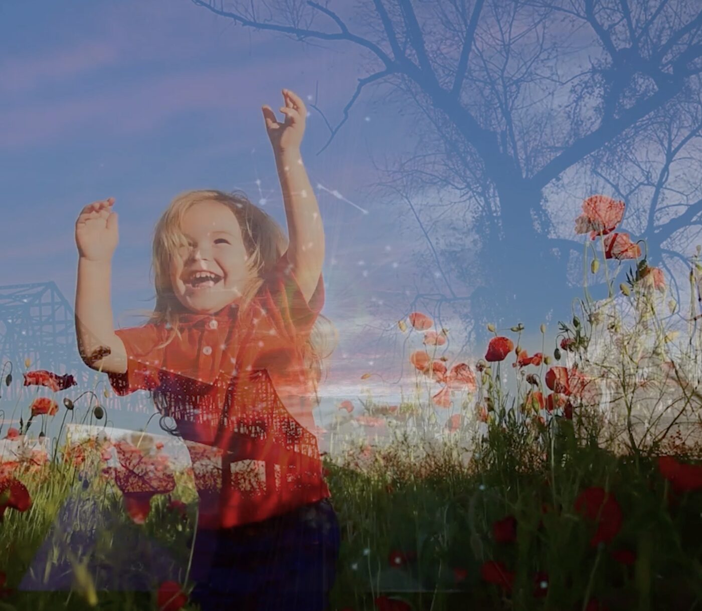 A joyful child with arms raised in a field of red poppies beneath a blue sky and bare tree